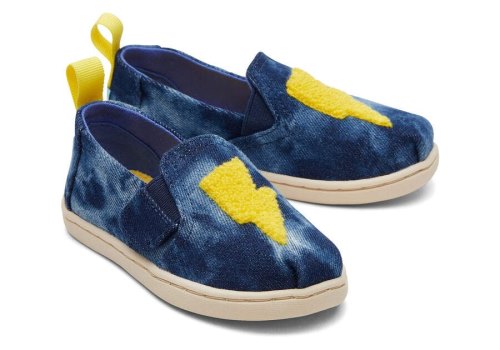 Toms Navy Washed Denim Tiny Alpargata Twin Gore Washed Denim Ligthning Bolt Kids' Alpargatas | UAE905-591